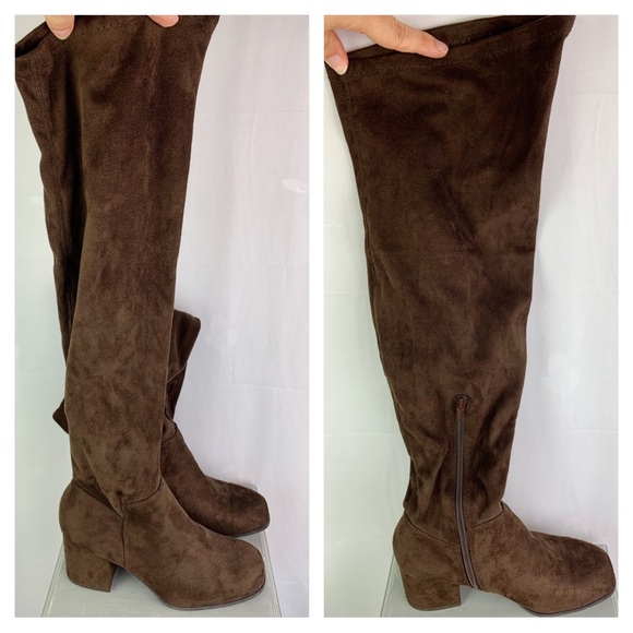 Tall Sueded Brown Block Heel Over The Knee Boots - Picture 11 of 16